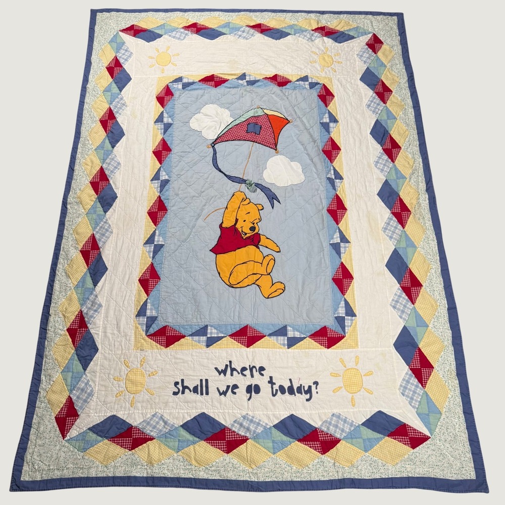 Vintage Winnie the Pooh Kite Baby Quilt Blue Yellow Patchwork Applique Disney